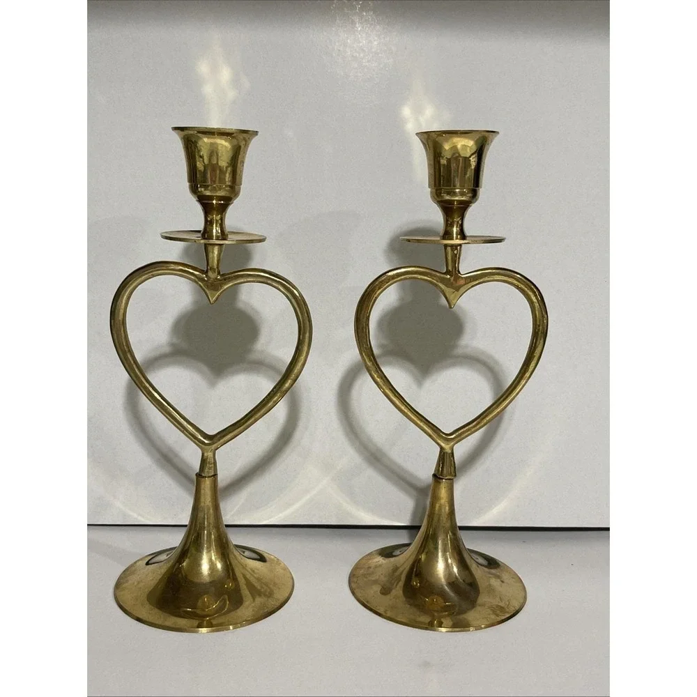 Vintage Solid Brass Candlesticks Set Of 2 Heart Hosley International India Decor